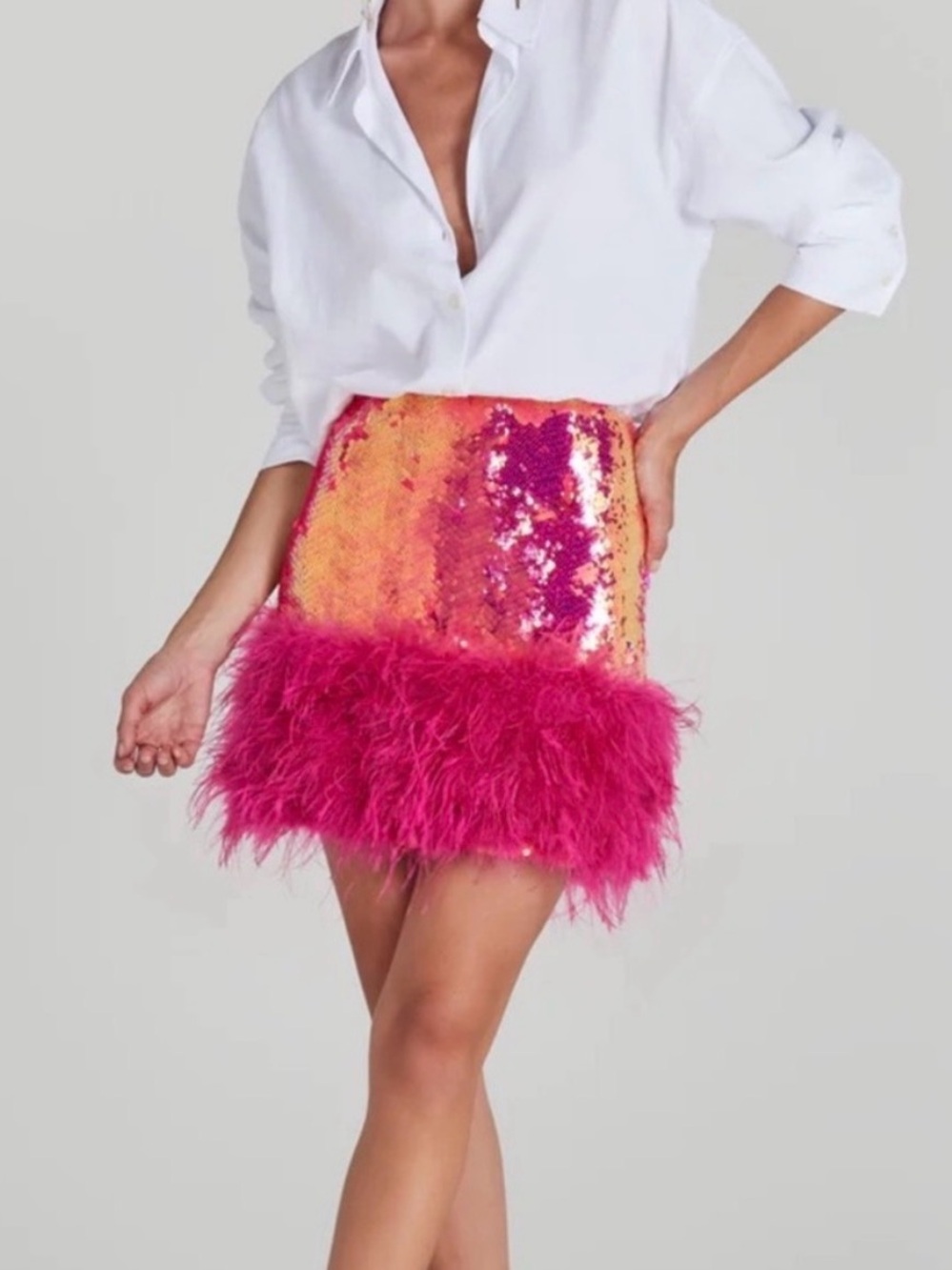 Nadine Merabi Roxy/Mia pink sequin feather mini skirt NWT Size S/M